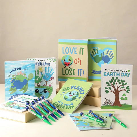Earth Day Gift Bundle With Nine A5 Notebooks And Nine Globe Pens In Blue And Green, Eco Friendly Classroom Swag on display