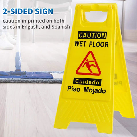 Wet Floor Sign Caution Foldable Double Sided Bilingual For Commercial Use Yellow 2 Pack Pool Area Safety Warning Signs Durable Plastic With Clear Black Text And Red Graphics Essential For Busy Shops And Pool Decks