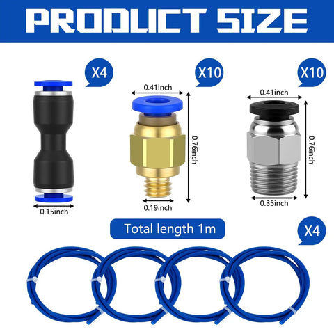 Blue PTFE Tubing 1 Meter Set With 10 PC4 M6 Fittings And 10 PC4 M10 Pneumatic Connectors, 4 PU4 Tube Connectors sizes