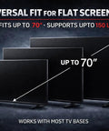 Image showing three flat-screen TVs demonstrating universal fit for TVs up to 70 inches and 150 lbs with safety straps.