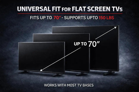 Image showing three flat-screen TVs demonstrating universal fit for TVs up to 70 inches and 150 lbs with safety straps.
