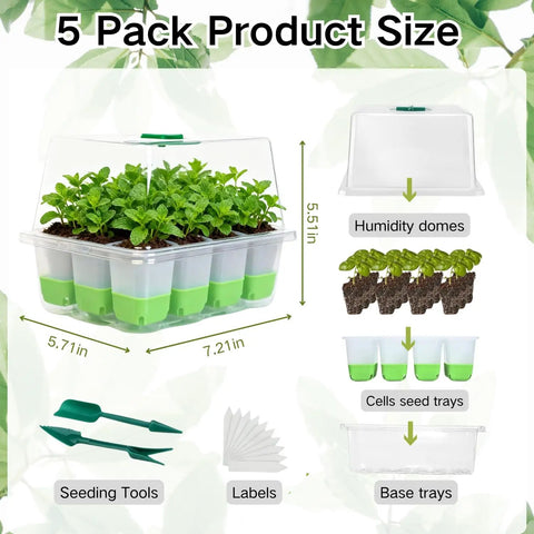 Silicone Seed Starter Tray With Humidity Dome Indoor Seedling Kit 5 Pack 60 Cell Germination Trays Adjustable Vent Reusable