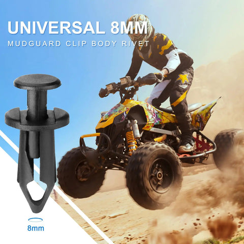 100Pcs Universal ATV UTV Body Fastener Rivets Kit With Nylon Mudguard Clips For 8mm Holes Replacement Parts shown with ATV