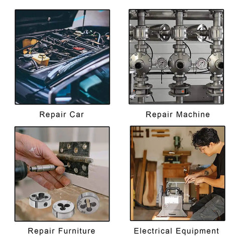 Collage displaying uses for Eight Piece Metric Die Set With Screw Die And Knurled Die Stock Holder For M3 To M12 Threading.