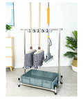 Movable Broom And Mop Holder With Stainless Steel Rack Cleaning Tool Organizer Cart With Drip Tray Umbrella Stand