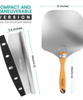 Aluminum Pizza Peel And Rocker Cutter Set 12 By 14 Inch With Foldable Wooden Handle Lightweight Stainless Steel Finish