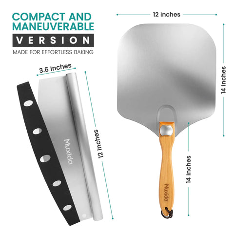 Aluminum Pizza Peel And Rocker Cutter Set 12 By 14 Inch With Foldable Wooden Handle Lightweight Stainless Steel Finish