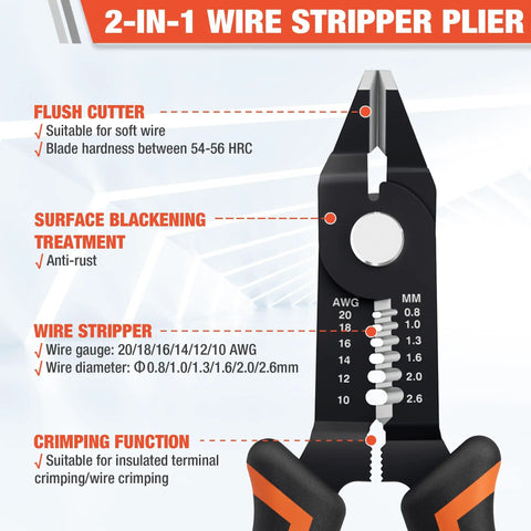 Front view of Wire Stripper And Cutters 6 Inch Tool For 10-22 AWG Wire With Flush Cutters Safety Lock Curved Bevel Design