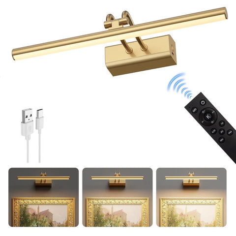 Cordless Battery Operated Picture Light With 4000mAh Rechargeable Battery, Remote Control, Magnetic Charge, Timers, 13.8 Inch Display, Gold Finish For Gallery, Living Room And Bedroom