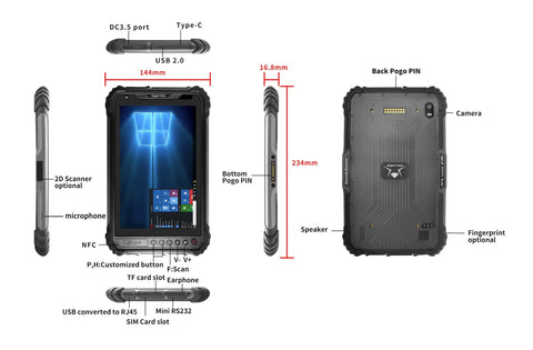Built Like A Tank 8 Inch Windows 11 Pro Rugged Tablet Featuring Intel Core I5, showing ports, buttons, and back panel details.