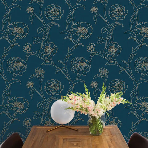 Peacock Blue And Metallic Gold Peonies Floral Peel And Stick Wallpaper Removable Self Adhesive Rolls For Easy Diy Wall Makeover