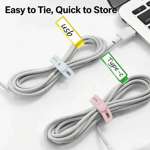 Ultimate 76 Piece Cable Organizer Set with labeled cables using silicone ties and write-on tags near a laptop