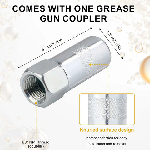 Grease Gun Accessory Kit That Hooks You Up With 18 Inch Spring Flex Hose Normal Coupler And Double Handle Quick Lock Release Coupler Tips Nozzles For All One Eighth Inch NPT Grease Gun Adapter Fittings Ten Thousand PSI featuring normal coupler with knurled surface design.