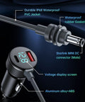 Close-up of Gotta Have This Heavy Duty 3 In 1 Starlink Mini Car Charger With 10 Foot Waterproof Dc Cable and voltage display.
