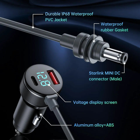 Close-up of Gotta Have This Heavy Duty 3 In 1 Starlink Mini Car Charger With 10 Foot Waterproof Dc Cable and voltage display.