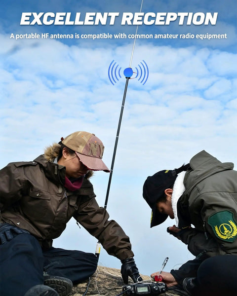 Two people installing Multiband HF Antenna for Ham Radio 7 to 50 MHz Eight Band Vertical Antenna With Low SWR Under 1.1