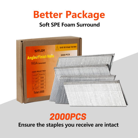 Angled Finish Nails 16 Gauge 20 Degree Galvanized 2000 Pack Assorted Sizes for Nailers, rust resistant nails displayed with box