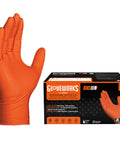 Gloveworks orange nitrile work glove, XXL, 8 mil, box of 100, front view