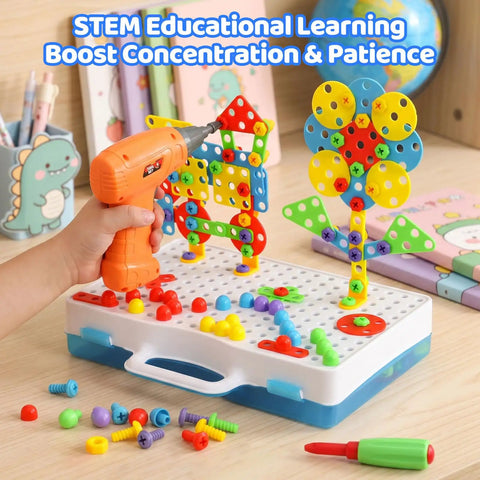 224 Piece Drill And Screwdriver STEM Building Set For Kids With 2D And 3D Blocks Kit Totally Great For Hands On Learning Fine Motor Skills And Creative Problem Solving, kid-safe drill and colorful plastic pieces