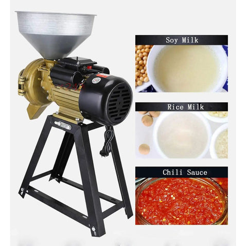 High Power 3500W Grain Mill Grinder For Dry And Wet Grinding, Stainless Steel Food Grade Mill with funnel next to processed products