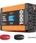 Road Ready 1000 Watt Pure Sine Wave Power Inverter With Slick Lcd Screen Etl Certified, showing inputs and cables, perfect for RV and camping.