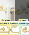 Wrap Around Blackout Curtain Rod 16-28 Inch Adjustable 5/8 Inch Curved Window Rod For Room Darkening And Door Windows, Modern Gold 2 Pack No Fuss Tight Seal That Blocks Side Light And Lies Flat Against Wall shown before and after installation on curtains