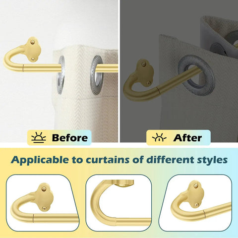 Wrap Around Blackout Curtain Rod 16-28 Inch Adjustable 5/8 Inch Curved Window Rod For Room Darkening And Door Windows, Modern Gold 2 Pack No Fuss Tight Seal That Blocks Side Light And Lies Flat Against Wall shown before and after installation on curtains