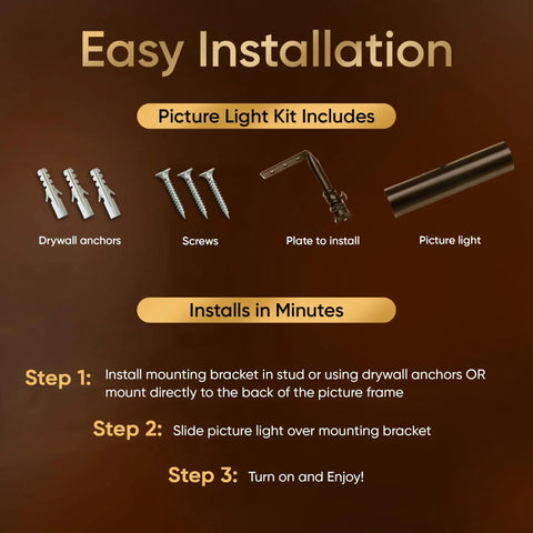 Easy installation guide for Battery Operated Picture Light With Wireless Remote Control Dimmable Art Light For Wall Or Frame 7.75 Inch