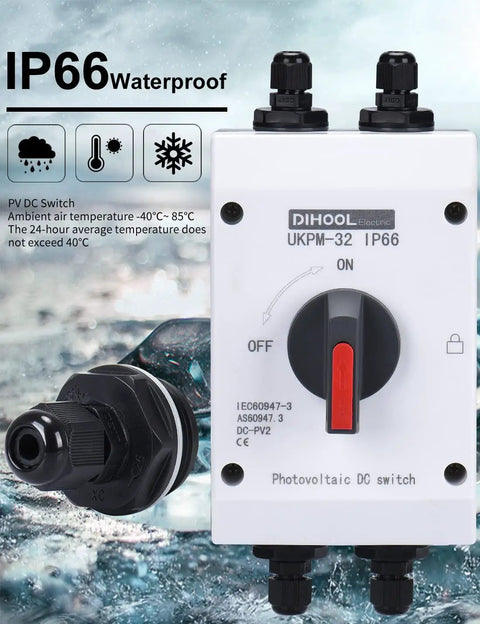 Outdoor Solar Disconnect Switch 32 Amp DC 1200V Four Pole Isolator With IP66 Weatherproof Enclosure, front view