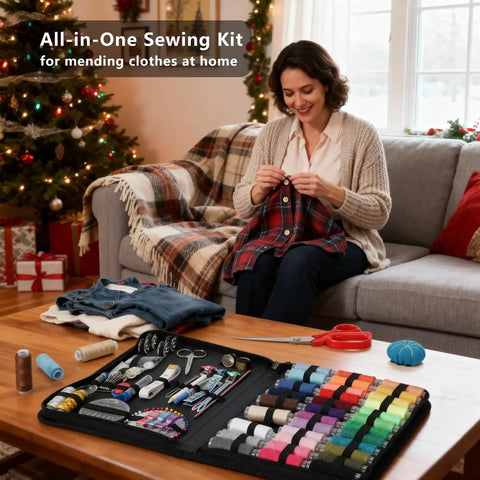 Woman using 251 Pcs Premium Sewing Supplies Set For Adults Upgraded With Longer Threads And More Spools Travel Ready Emergency And Home Repair Kit For Beginners Comprehensive Hand Sewing Kit With Buttons Needles Thread Scissors And Tools All In One at home