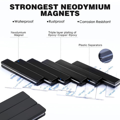 20-pack black epoxy-coated neodymium magnet bars with double-sided adhesive, 60 x 10 x 3 mm