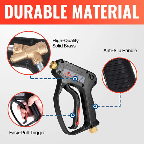 Short 5000 PSI Pressure Washer Gun With 360 Degree Swivel Stubby Power Wand, featuring brass fittings and anti-slip handle.