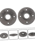 Two Pack Vintage Malleable Iron Floor Flange Set, Wall Mounted Threaded Fittings shown in multiple angles