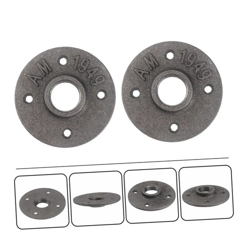 Two Pack Vintage Malleable Iron Floor Flange Set, Wall Mounted Threaded Fittings shown in multiple angles