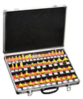Heavy Duty 50 Piece Carbide Wood Router Bit Set 1/4 Inch Shank in a sturdy case displaying various router bits.
