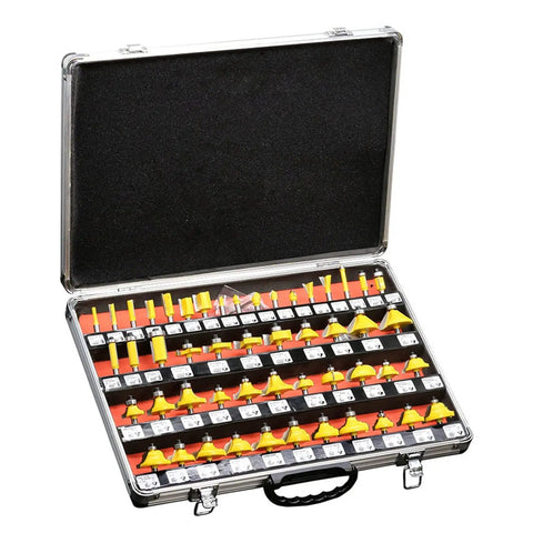 Heavy Duty 50 Piece Carbide Wood Router Bit Set 1/4 Inch Shank in a sturdy case displaying various router bits.