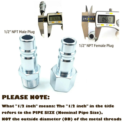 Seven Piece One Half Inch NPT Air Coupler Plug Set For Air Compressors And Hoses With Quick Connect Fittings, Zinc Plated, shown with 1/2 NPT male and female plugs