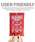Hands holding red fire blanket package labeled 'Fire Blanket', showing usage instructions. 40x40 Inch Fire Blanket For Home And Kitchen 4 Pack Flexible Fiberglass Safety Blanket That Smothers Grease Liquid And Biofuel Fires Not For Electrical Fires Reusable Non Expiring Easy To Deploy