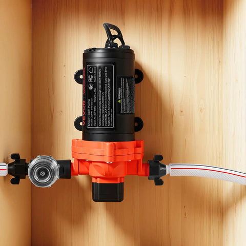 Heavy Duty 120V AC Diaphragm Water Pump mounted on wood with piping for garden irrigation and washing applications.