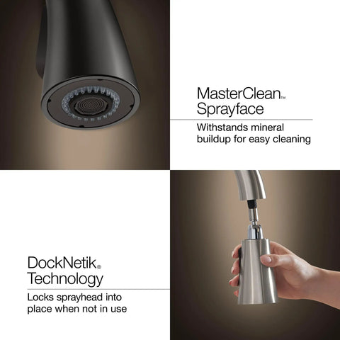 Slick Stainless Steel Kitchen Sink Faucet With Built In Soap Dispenser And Heavy Duty Pull Down Sprayer features MasterClean Sprayface and DockNetik Technology.
