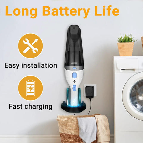 Cordless Handheld Vacuum Cleaner With 8000Pa Suction on wall mount, showing easy installation and fast charging features.