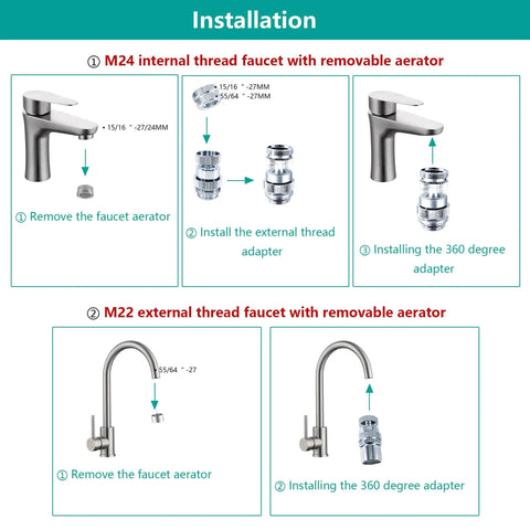 3/4 Inch GHT Thread Garden Hose Adapter With Aerator And 360 Degree Swivel Faucet To Hose Connector For Sink Bathroom And Kitchen Multi Thread Fit For Faucet Aerator And Hose Easy Quick Connect For Indoor Outdoor Use installation diagram for M22 and M24 faucets