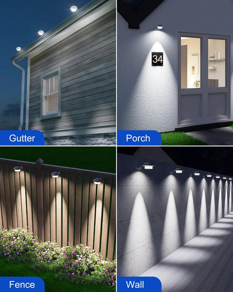 Eight Pack White Solar Powered Gutter Lights Outdoor Decorative Waterproof LED Fence Lamps illuminating gutter, porch, fence, and wall.