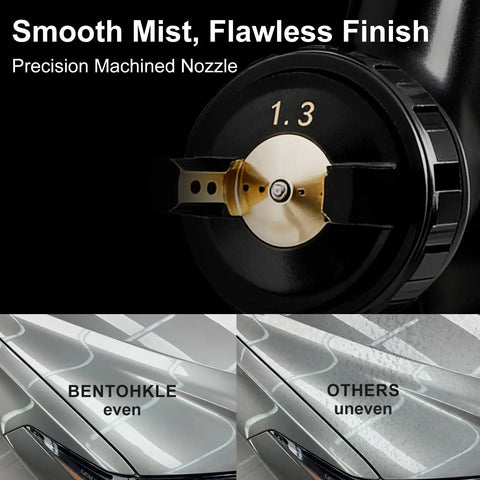 Close-up of precision machined nozzle on Built Tough Premium LVLP Paint Spray Gun showcasing smooth mist and flawless finish.