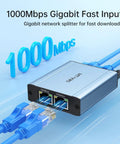 Solid Gigabit Ethernet Splitter 1 To 3 High Speed 1000Mbps Dual RJ45 Adapter for Cat5 to Cat8 cables sharing a single line, front view