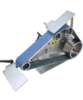 Top Shelf 915X50Mm Belt Sander With Brushless Motor Built Tough For Knife Sharpening Polishing And Grinding close-up view of sanding belt and V-clamp.