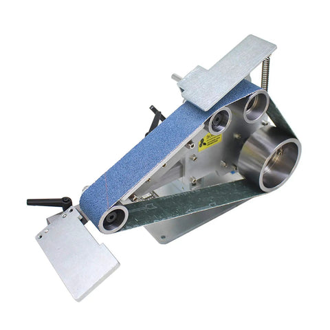 Top Shelf 915X50Mm Belt Sander With Brushless Motor Built Tough For Knife Sharpening Polishing And Grinding close-up view of sanding belt and V-clamp.