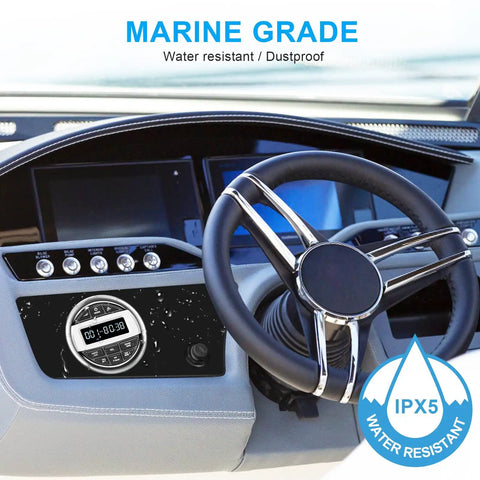 Dashboard with Waterproof Marine Boat Stereo Receiver With IPX5 Water Resistance And UV Coating HD LCD Display in marine setting