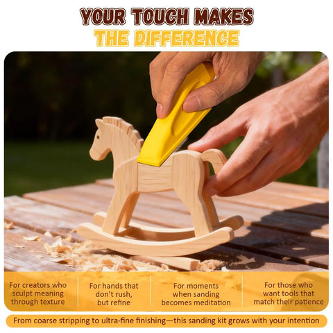 Using 128 Piece Pro Grade Premium Micro Sander And Sandpaper Kit to smooth wooden toy horse outdoors.