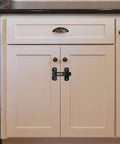 4 Pack 180 Degree Flip Sliding Barn Door Latches Stainless Steel Gate Locks installed on kitchen cabinet doors.